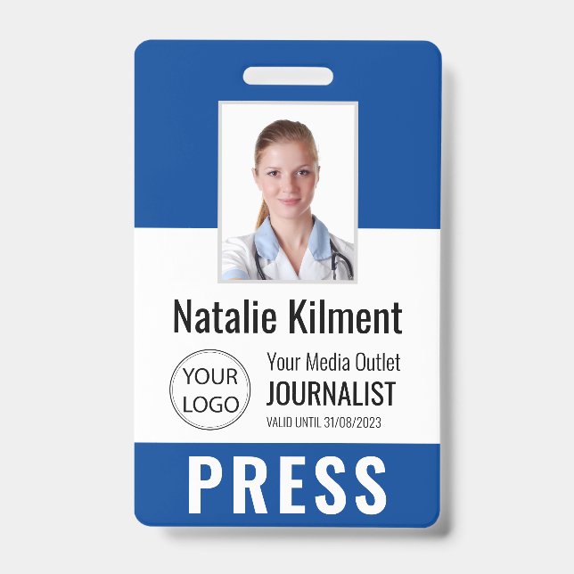 Journalist Press Pass Photo Name Logo ID Blue Badge (Front)