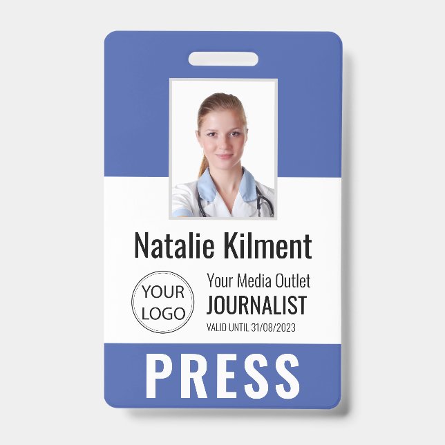 Journalist Press Pass Photo Name Logo ID Blue Badge (Front)