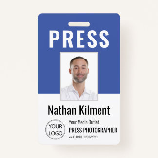 Journalist Press Pass Photo Name Logo ID Blue ID Badge