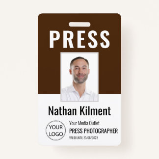 Journalist Press Pass Photo Name Logo ID Brown ID Badge