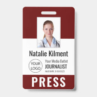 Journalist Press Pass Photo Name Logo ID Dark Red