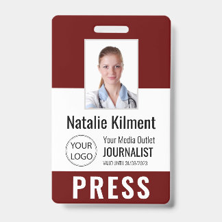 Journalist Press Pass Photo Name Logo ID Dark Red Badge