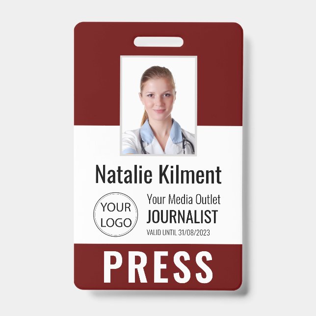 Journalist Press Pass Photo Name Logo ID Dark Red Badge (Front)