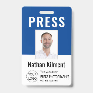 Journalist Press Pass Photo Name Logo ID Navy Blue Badge