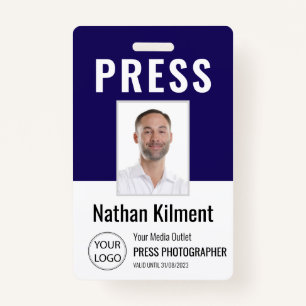 Journalist Press Pass Photo Name Logo ID Navy Blue ID Badge
