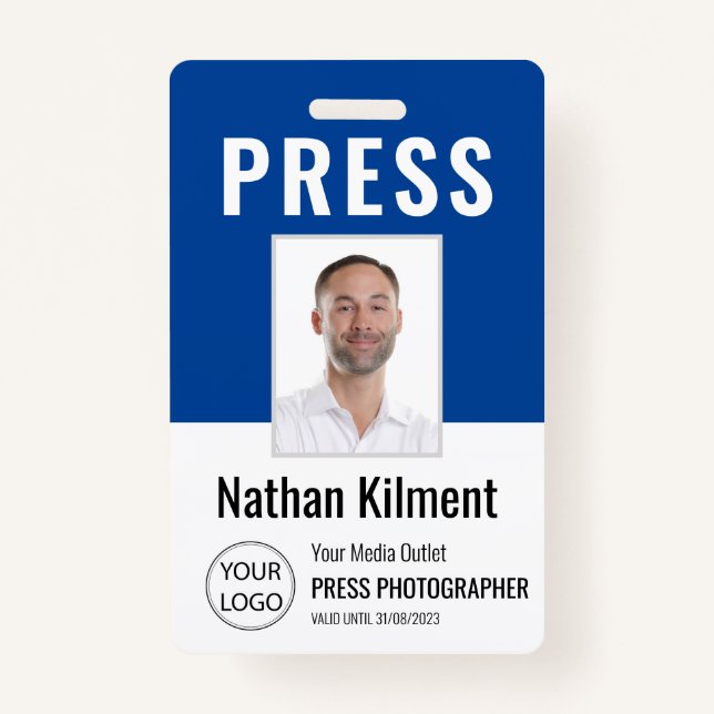 Journalist Press Pass Photo Name Logo ID Navy Blue ID Badge (Front)