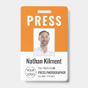 Journalist Press Pass Photo Name Logo ID Orange Badge