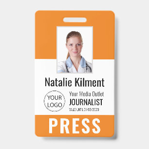 Journalist Press Pass Photo Name Logo ID Orange Badge