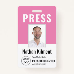 Journalist Press Pass Photo Name Logo ID Pink ID Badge
