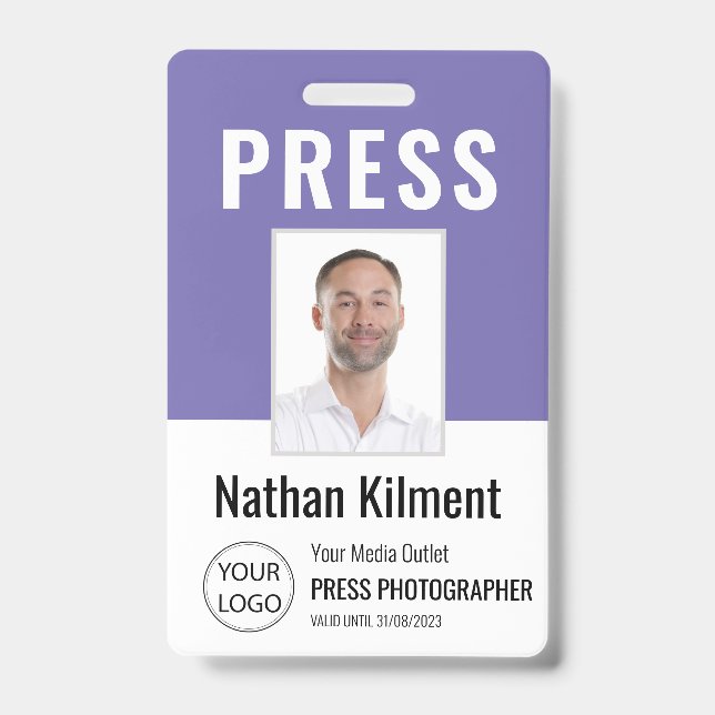 Journalist Press Pass Photo Name Logo ID Purple Badge (Front)
