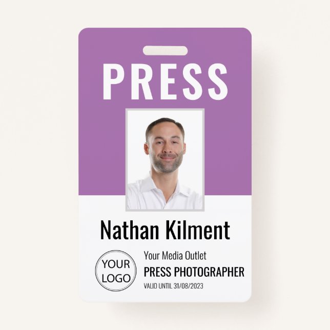 Journalist Press Pass Photo Name Logo ID Purple ID Badge (Front)