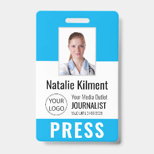 Journalist Press Pass Photo Name Logo ID Sky Blue Badge