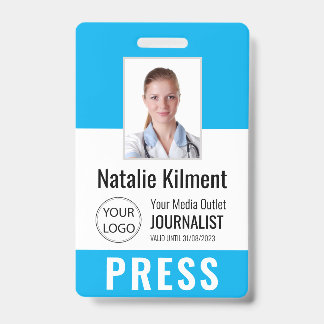 Journalist Press Pass Photo Name Logo ID Sky Blue Badge
