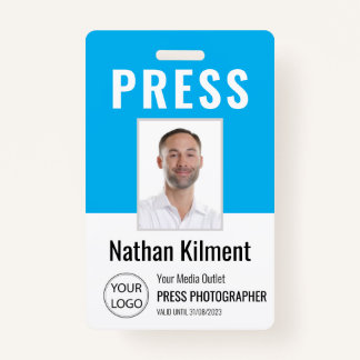 Journalist Press Pass Photo Name Logo ID Sky Blue ID Badge