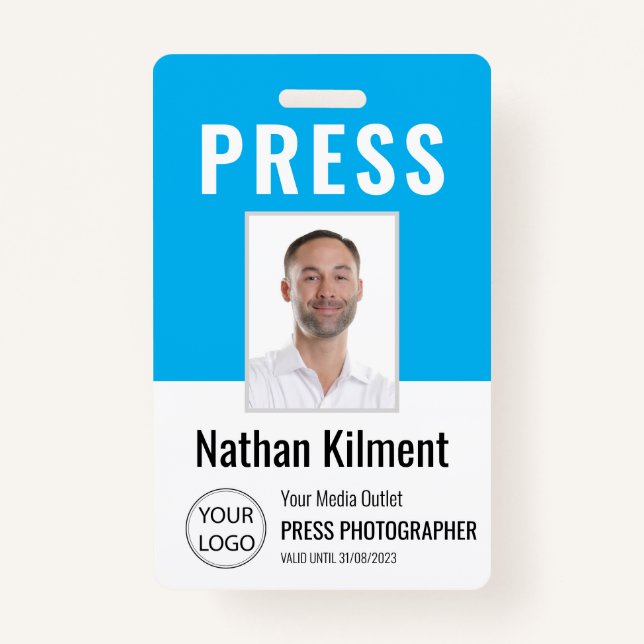 Journalist Press Pass Photo Name Logo ID Sky Blue ID Badge (Front)