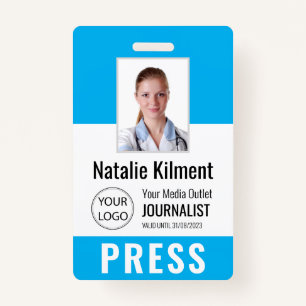 Journalist Press Pass Photo Name Logo ID Sky Blue ID Badge