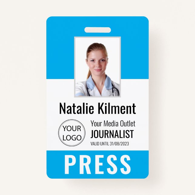 Journalist Press Pass Photo Name Logo ID Sky Blue ID Badge (Front)