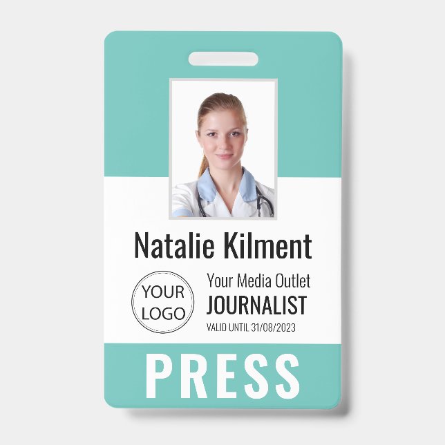 Journalist Press Pass Photo Name Logo ID Teal Badge (Front)