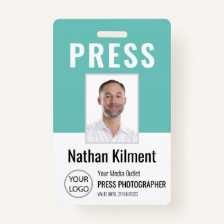 Journalist Press Pass Photo Name Logo ID Teal ID Badge