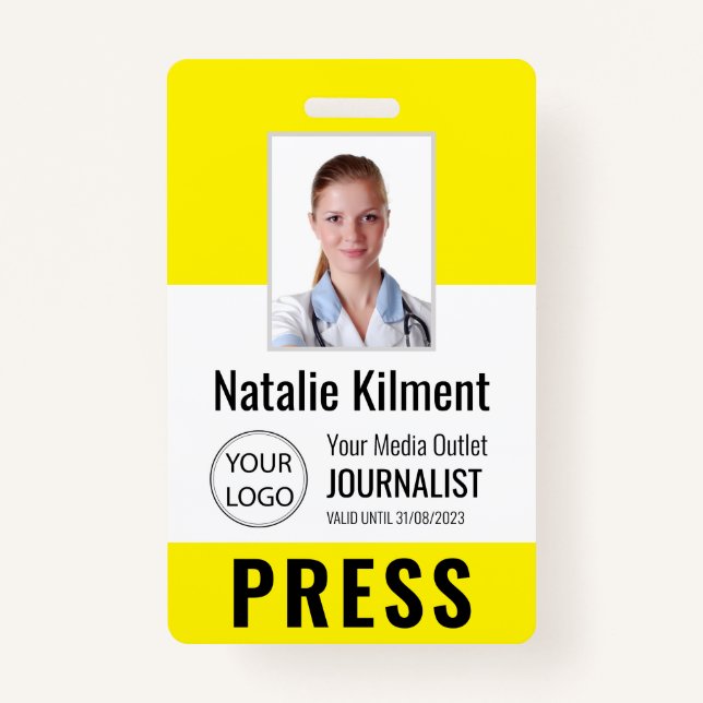 Journalist Press Pass Photo Name Logo ID Yellow ID Badge (Front)
