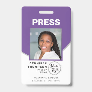 Journalist Press Pass Purple and White Photo ID Badge