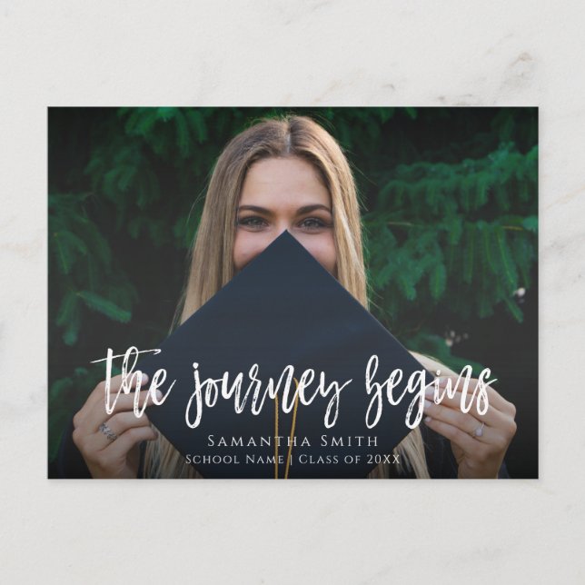 Journey Begins Modern Calligraphy Photo Graduation Invitation Postcard (Front)