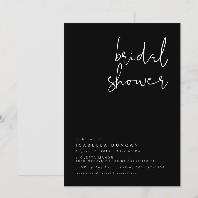 JOVI - Black Modern Minimalist Bridal Shower Invitation (Front/Back)