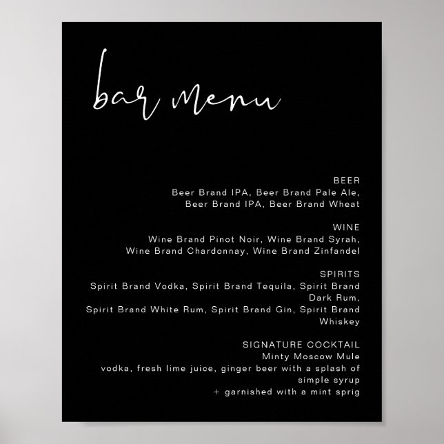 JOVI Edgy Black Minimalist Wedding Bar Menu Poster (Front)