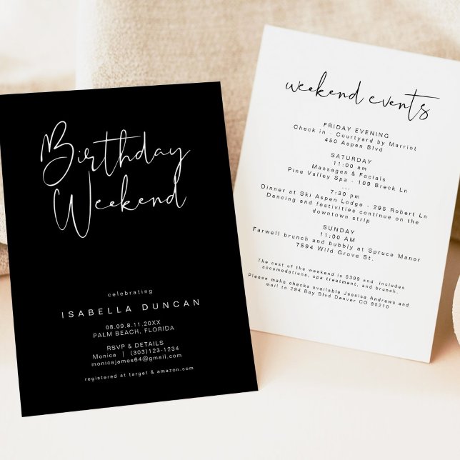JOVI Edgy Black Modern Birthday Weekend Itinerary  Invitation (Creator Uploaded)