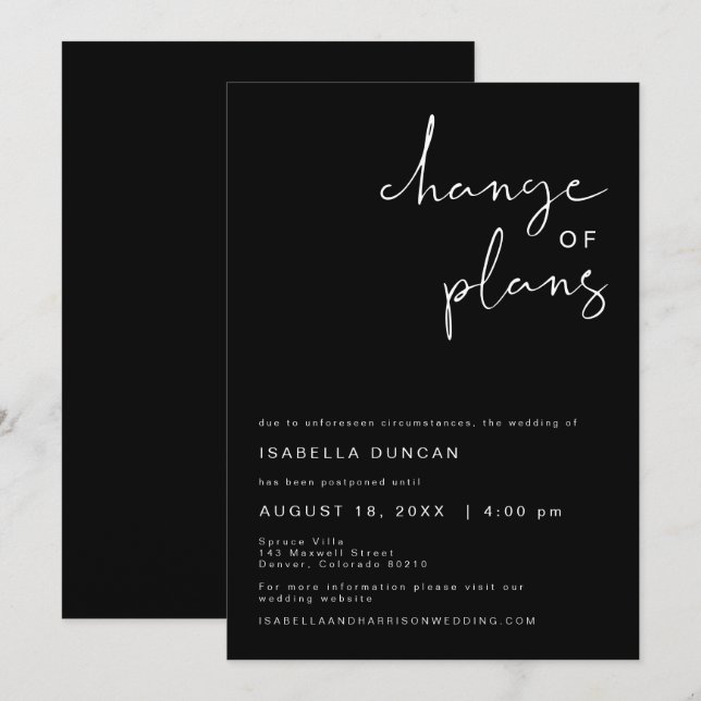 JOVI Edgy Black Modern Wedding Change of Plans Invitation (Front/Back)