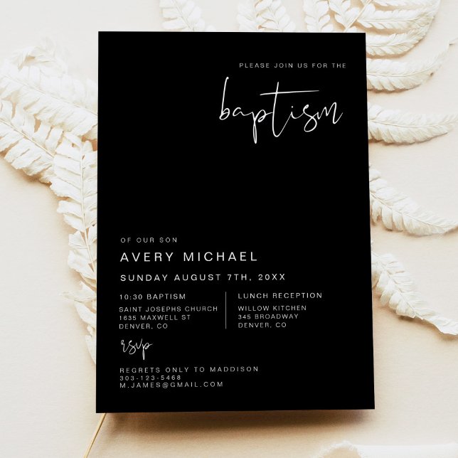 JOVI Edgy Modern Minimalist Edgy Black Baptism  Invitation (Creator Uploaded)