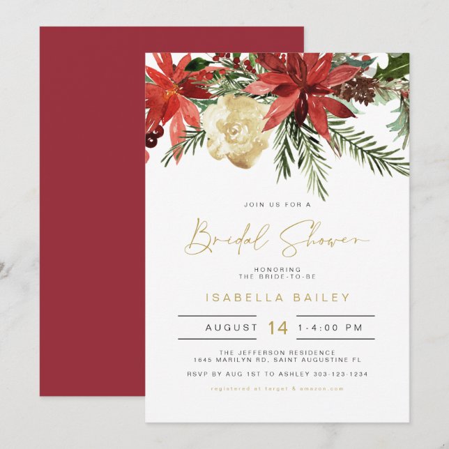 JOVI Holiday Red and Gold Poinsettia Bridal Shower Invitation (Front/Back)