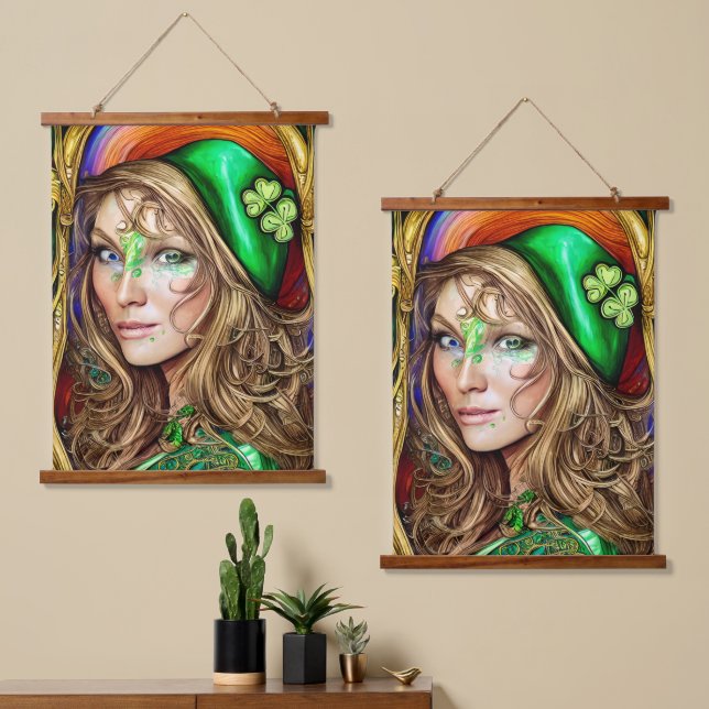 Jovial Jade Woman St. Patrick's Day Artwork Hanging Tapestry (Asymmetrical)