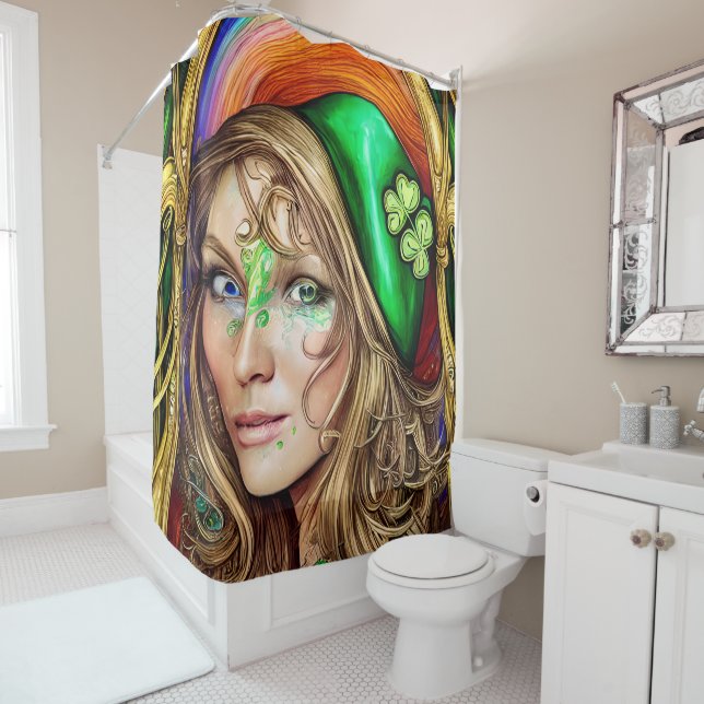 Jovial Jade Woman St. Patrick's Day Artwork Shower Curtain (In Situ)