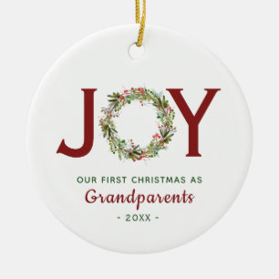Joy-1st Christmas Watercolor Wreath Personalised  Ceramic Tree Decoration