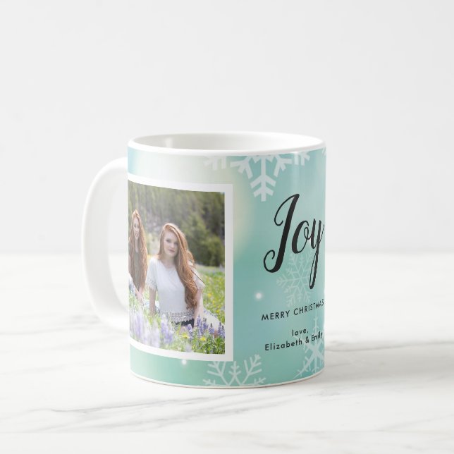 Joy 2 Photo Teal and Snowflake Christmas Holiday Coffee Mug (Front Left)