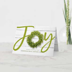 Joy and Foliage Wreath on Wood   Holiday Greetings Card