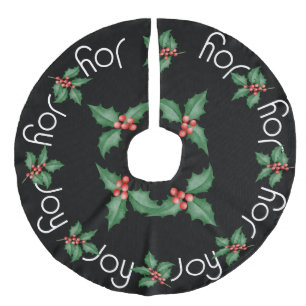 Joy and Holly Sprigs with Red Berries Faux Linen Tree Skirt