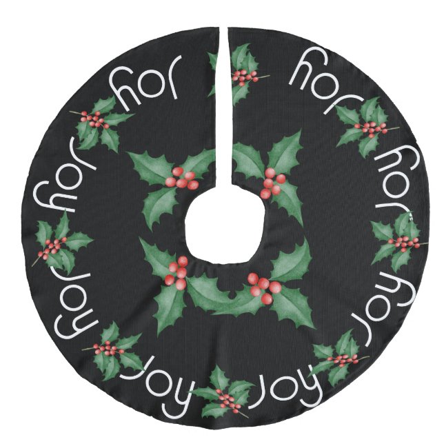 Joy and Holly Sprigs with Red Berries Faux Linen Tree Skirt (Front)