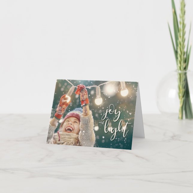 Joy and Light, Girl Hanging Lights Holiday Card (Front)