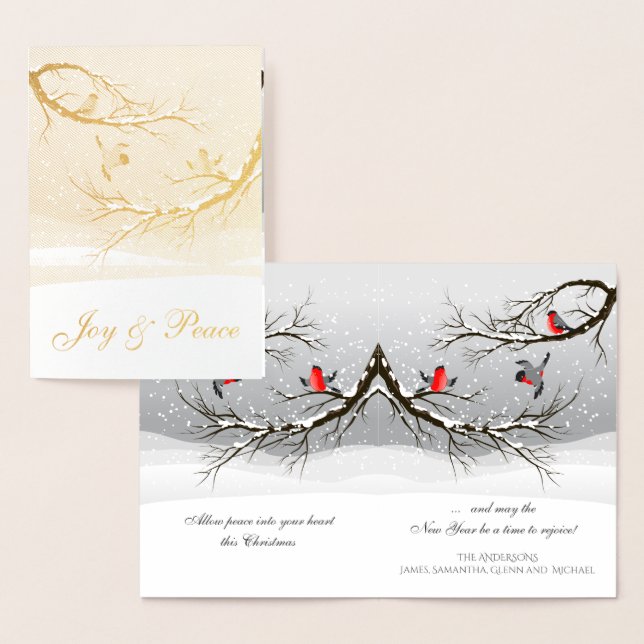 Joy and Peace Red Christmas Birds in Snowy Tree Foil Card (Display)