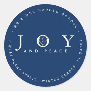 Joy and Peace Return Address Christmas Blue Heart  Classic Round Sticker