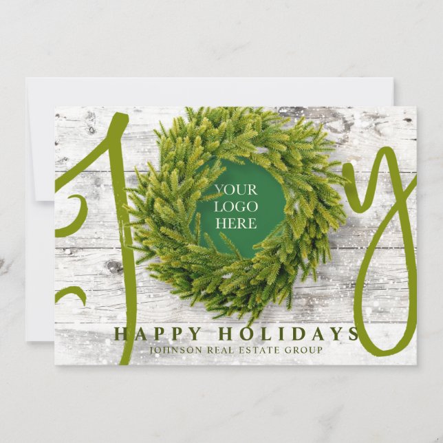 Joy and Pine with Logo Modern Rustic Business Holiday Card (Front)