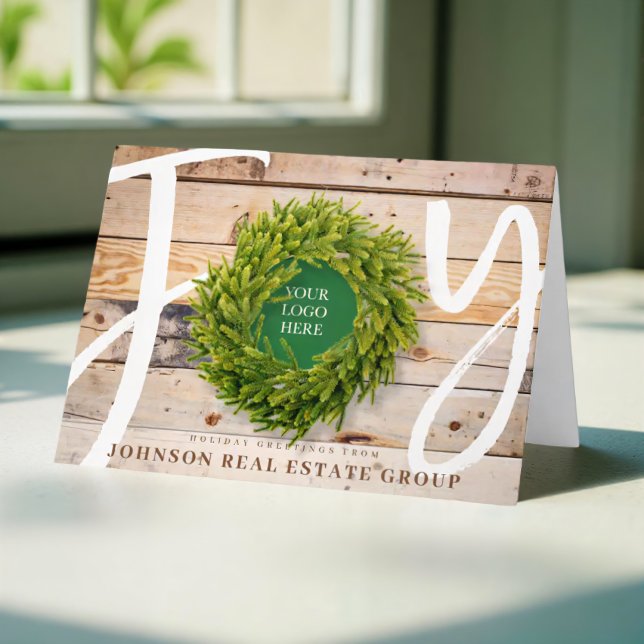 Joy and Pine Wood with Logo Business Holiday Card (Creator Uploaded)