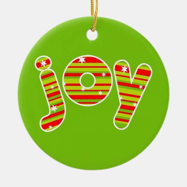 JOY at Christmas, Red & Green Stripes Ceramic Tree Decoration (Front)