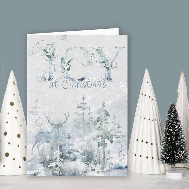 Joy at Christmas Watercolor Winter Woodland Holiday Card (Joy Christmas Card. Buy professionally printed or as printable digital download.)