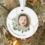 Joy Baby's first Christmas wreath Custom Photo Ornament<br><div class="desc">Having a memorable keepsake of baby's first Christmas will transport you back each time you put it up on your tree. Customise this Modern Joy baby holiday ornament with your child's photo, name and year. Featuring my green leaves wreath with white and a gold hue ring. Modern and sophisticated. Makes...</div>