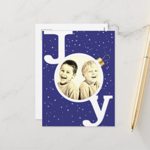Joy bauble custom photo dark blue sky Christmas Holiday Postcard