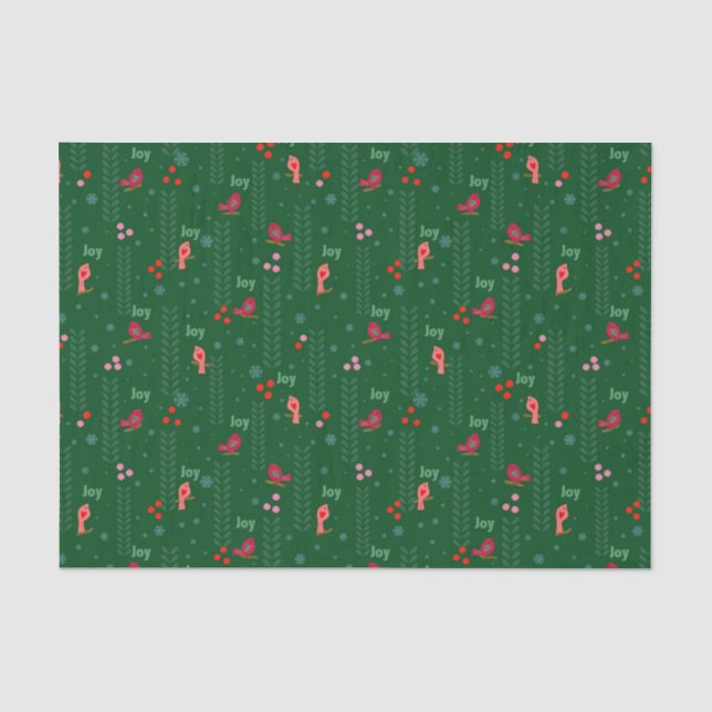 Joy birds Christmas green Tissue Paper (Front)