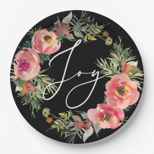 Joy. Black Christmas floral pine Winter Holiday Paper Plate